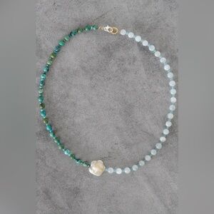 Handmade semi precious gem stone necklace: pearl, turquoise, aquamarine